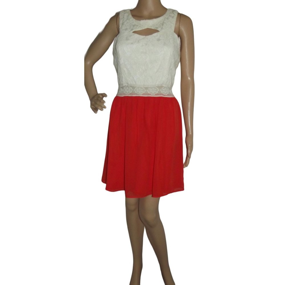 Accidentally in Love Dress XL Red Orange Chiffon Ivory Lace Sleeveless Fit Flare
